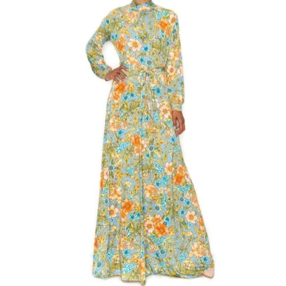 Janette Fashion Vintage Denim Blue Peach Floral Cuff Long Sleeve Maxi Dress - Picture 4 of 4